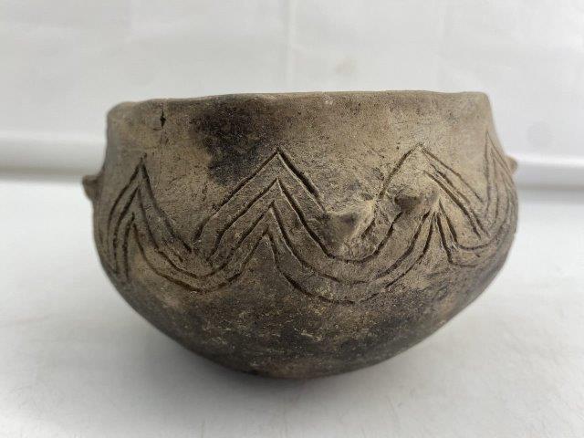 Mississippian Bowl: This Mississippian Bowl is from the late Dub Lyerly collection. Restored with normal use wear. It is 3&1/4 inches tall by 5&1/4 inches wide. All items have been examined by Sam Johnson, and are authen