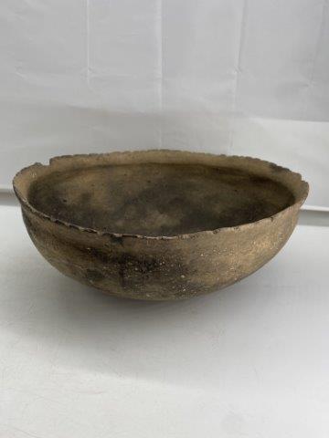 Mississippian Bowl: This Mississippian Bowl is from the Barth Grayson collection and appears solid with rim chips. It is 5 inches tall by 11 inches wide. All items have been examined by Sam Johnson and are authentic in h