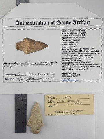 Adena with COA: This is 2&7/8 inches long. It is from Pettis County Missouri. Comes with a Motley Certificate of Authenticity. Each & every piece in this auction comes from the late Richard Lienau collection from Leb