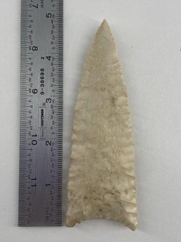 Dalton Indian Artifact Arrowhead: This is 4&7/8 inches long. Each & every piece in this auction comes from the late Richard Lienau collection from Lebanon, Illinois. KEY WORDS: NATIVE AMERICAN INDIAN ARTIFACT ARTIFACTS ARROWHEAD ARROW