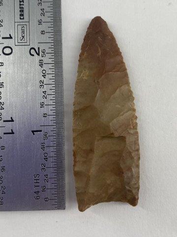 Clovis Indian Artifact Arrowhead: This is 2&3/8 inches long. Each & every piece in this auction comes from the late Richard Lienau collection from Lebanon, Illinois. KEY WORDS: NATIVE AMERICAN INDIAN ARTIFACT ARTIFACTS ARROWHEAD ARROW