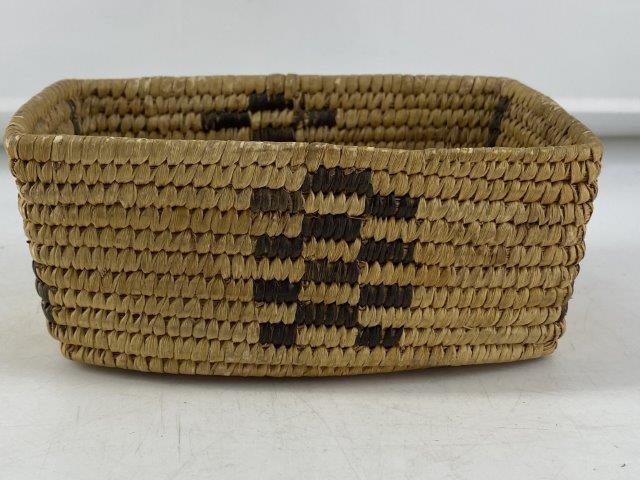 Pima Basket: This Pima Basket is from the Sam Johnson collection and has normal use wear. It is 3 inches tall by 6 inches wide. This item has been examined by Sam Johnson and is authentic in his opinion & he will 