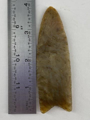 Clovis Indian Artifact Arrowhead: This is 3&7/8 inches long. Each & every piece in this auction comes from the late Richard Lienau collection from Lebanon, Illinois. KEY WORDS: NATIVE AMERICAN INDIAN ARTIFACT ARTIFACTS ARROWHEAD ARROW