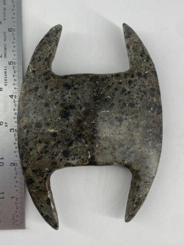 Cresent Bannerstone Indian Artifact Arrowhead: This is 5&3/4 inches long. It is broken & glued. Each & every piece in this auction comes from the late Richard Lienau collection from Lebanon, Illinois. KEY WORDS: NATIVE AMERICAN INDIAN ARTIFACT ART