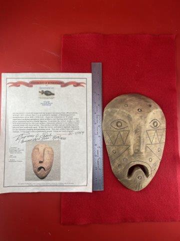 Post Classic Stylized Mask with Decorations with COA: This is 9 inches long. It is from Lawrence County Arkansas Found Village Creek 1949. Ex- Bannerstone Tom, Shenk Collections. It comes with a Bannerstone Tom Certificate of Authenticity. KEY WORDS: NAT