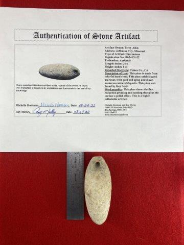 Charm Stone with COA: This is 3&3/4 inches long. It is from Tulare County California. Found by Ken Seals. It comes with a Roy Motley Certificate of Authenticity. KEY WORDS: NATIVE AMERICAN INDIAN ARTIFACT ARTIFACTS ARROWHE