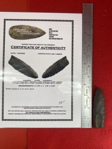 Clovis with COA: This is 3&7/8 inches long. It is from Jackson County West Virginia. Ex-K.C. Willis Collection. It comes with an Insight Laser Certificate of Authenticity. KEY WORDS: NATIVE AMERICAN INDIAN ARTIFACT AR