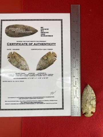 Dovetail with COA: This is 3&7/16 inches long. It is from Pike County Ohio. Ex- K.C. Willis Collection. It comes with an Insight Laser Certificate of Authenticity. KEY WORDS: NATIVE AMERICAN INDIAN ARTIFACT ARTIFACTS AR