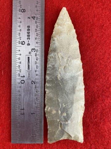 Dalton Indian Artifact Arrowhead: This is 4&1/4 inches long. It is from Missouri. KEY WORDS: NATIVE AMERICAN INDIAN ARTIFACT ARTIFACTS ARROWHEAD ARROWHEADS MISSISSIPPIAN QUAPAW CADDO POTTERY COINS