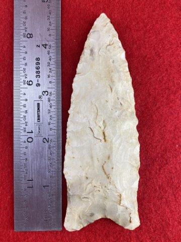 Dalton Indian Artifact Arrowhead: This is 4&3/4 inches long. It is from Missouri. KEY WORDS: NATIVE AMERICAN INDIAN ARTIFACT ARTIFACTS ARROWHEAD ARROWHEADS MISSISSIPPIAN QUAPAW CADDO POTTERY COINS