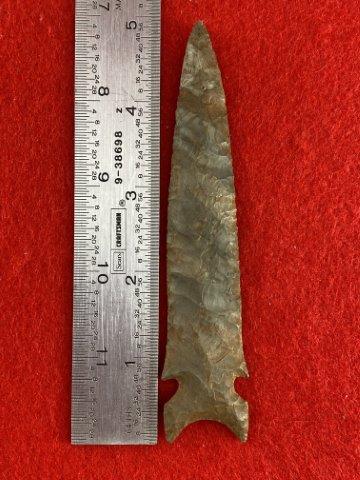 Graham Cave Indian Artifact Arrowhead: This is 5 inches long. It is from Missouri. KEY WORDS: NATIVE AMERICAN INDIAN ARTIFACT ARTIFACTS ARROWHEAD ARROWHEADS MISSISSIPPIAN QUAPAW CADDO POTTERY COINS