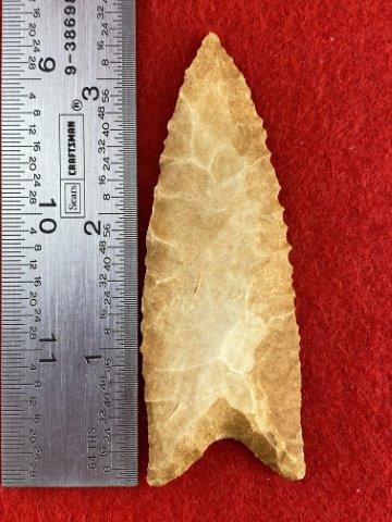 Dalton Indian Artifact Arrowhead: This is 3&1/2 inches long. It is from Missouri. KEY WORDS: NATIVE AMERICAN INDIAN ARTIFACT ARTIFACTS ARROWHEAD ARROWHEADS MISSISSIPPIAN QUAPAW CADDO POTTERY COINS