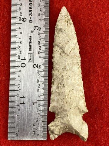 Graham Cave Indian Artifact Arrowhead: This is 3&1/2 inches long. It is from Missouri. KEY WORDS: NATIVE AMERICAN INDIAN ARTIFACT ARTIFACTS ARROWHEAD ARROWHEADS MISSISSIPPIAN QUAPAW CADDO POTTERY COINS