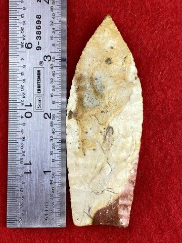 Agate Basin Indian Artifact Arrowhead: This is 3&3/4 inches long. It is from St. Francis County Missouri. KEY WORDS: NATIVE AMERICAN INDIAN ARTIFACT ARTIFACTS ARROWHEAD ARROWHEADS MISSISSIPPIAN QUAPAW CADDO POTTERY COINS