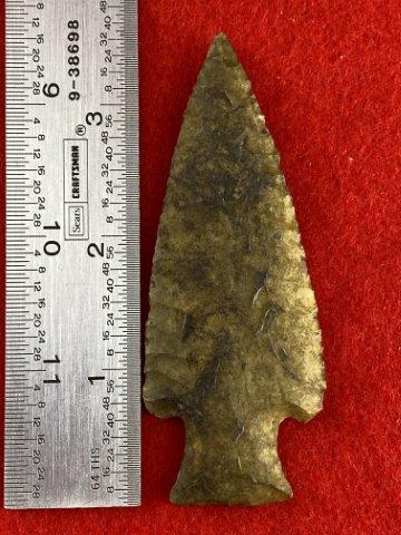 Hardin Indian Artifact Arrowhead: This is 3&5/8 inches long. It is from Missouri. KEY WORDS: NATIVE AMERICAN INDIAN ARTIFACT ARTIFACTS ARROWHEAD ARROWHEADS MISSISSIPPIAN QUAPAW CADDO POTTERY COINS