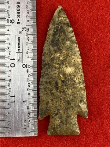 Hardin Indian Artifact Arrowhead: This is 3&5/8 inches long. It is from Missouri. KEY WORDS: NATIVE AMERICAN INDIAN ARTIFACT ARTIFACTS ARROWHEAD ARROWHEADS MISSISSIPPIAN QUAPAW CADDO POTTERY COINS