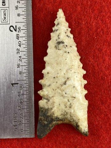 Dalton Indian Artifact Arrowhead: This is 2&1/4 inches long. It is from Missouri. KEY WORDS: NATIVE AMERICAN INDIAN ARTIFACT ARTIFACTS ARROWHEAD ARROWHEADS MISSISSIPPIAN QUAPAW CADDO POTTERY COINS