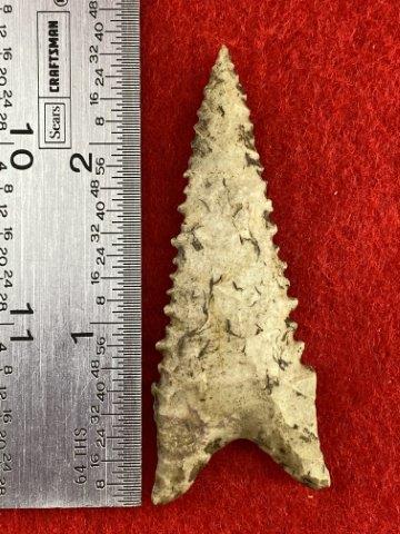 Dalton Indian Artifact Arrowhead: This is 2&5/8 inches long. It is from Missouri. KEY WORDS: NATIVE AMERICAN INDIAN ARTIFACT ARTIFACTS ARROWHEAD ARROWHEADS MISSISSIPPIAN QUAPAW CADDO POTTERY COINS