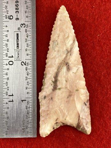 Dalton Indian Artifact Arrowhead: This is 3&1/2 inches long. It is from Missouri. KEY WORDS: NATIVE AMERICAN INDIAN ARTIFACT ARTIFACTS ARROWHEAD ARROWHEADS MISSISSIPPIAN QUAPAW CADDO POTTERY COINS