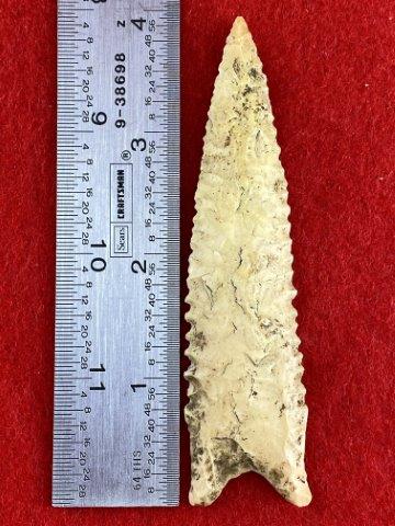 Dalton Indian Artifact Arrowhead: This is 4 inches long. It is from Missouri. KEY WORDS: NATIVE AMERICAN INDIAN ARTIFACT ARTIFACTS ARROWHEAD ARROWHEADS MISSISSIPPIAN QUAPAW CADDO POTTERY COINS