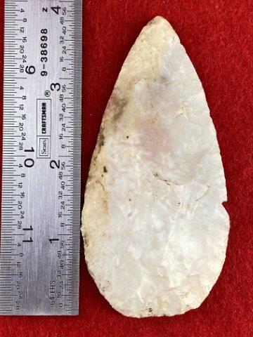 North Blade Indian Artifact Arrowhead: This is 3&7/8 inches long. It is from Oklahoma. KEY WORDS: NATIVE AMERICAN INDIAN ARTIFACT ARTIFACTS ARROWHEAD ARROWHEADS MISSISSIPPIAN QUAPAW CADDO POTTERY COINS