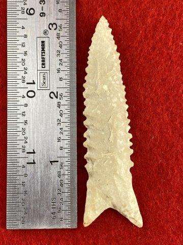 Dalton Indian Artifact Arrowhead: This is 3 inches long. It is from Missouri. KEY WORDS: NATIVE AMERICAN INDIAN ARTIFACT ARTIFACTS ARROWHEAD ARROWHEADS MISSISSIPPIAN QUAPAW CADDO POTTERY COINS