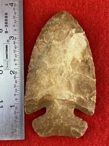 Thebes Indian Artifact Arrowhead: This is 3&3/4 inches long. It is from Missouri. KEY WORDS: NATIVE AMERICAN INDIAN ARTIFACT ARTIFACTS ARROWHEAD ARROWHEADS MISSISSIPPIAN QUAPAW CADDO POTTERY COINS