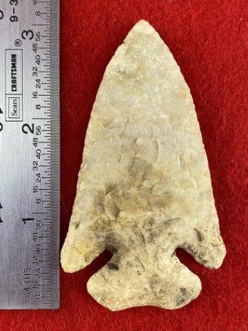 Thebes Indian Artifact Arrowhead: This is 3&1/8 inches long. It is from Missouri. KEY WORDS: NATIVE AMERICAN INDIAN ARTIFACT ARTIFACTS ARROWHEAD ARROWHEADS MISSISSIPPIAN QUAPAW CADDO POTTERY COINS