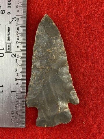 Very Nice Arrowhead from George Baker Collection: Please see ruler for the measurement. These items are from the George Baker Collection from Central Arkansas. KEY WORDS: NATIVE AMERICAN INDIAN ARTIFACT ARTIFACTS ARROWHEAD ARROWHEADS MISSISSIPPIAN QU