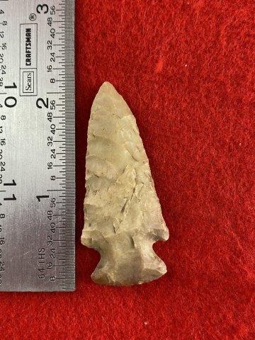 Very Nice Arrowhead from George Baker Collection: Please see ruler for the measurement. These items are from the George Baker Collection from Central Arkansas. KEY WORDS: NATIVE AMERICAN INDIAN ARTIFACT ARTIFACTS ARROWHEAD ARROWHEADS MISSISSIPPIAN QU