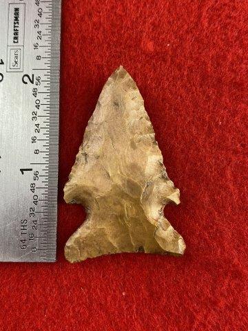 Very Nice Arrowhead from George Baker Collection: Please see ruler for the measurement. These items are from the George Baker Collection from Central Arkansas. KEY WORDS: NATIVE AMERICAN INDIAN ARTIFACT ARTIFACTS ARROWHEAD ARROWHEADS MISSISSIPPIAN QU