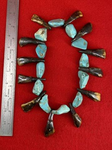 Buffalo Teeth & Turquoise Necklace Indian Artifact Arrowhead: This is @20 inches long. KEY WORDS: NATIVE AMERICAN INDIAN ARTIFACT ARTIFACTS ARROWHEAD ARROWHEADS MISSISSIPPIAN QUAPAW CADDO POTTERY COINS