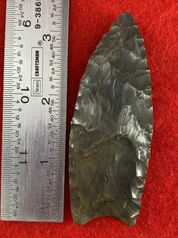 Clovis Indian Artifact Arrowhead: This is 3&3/8 inches long. It is from Illinois. KEY WORDS: NATIVE AMERICAN INDIAN ARTIFACT ARTIFACTS ARROWHEAD ARROWHEADS MISSISSIPPIAN QUAPAW CADDO POTTERY COINS