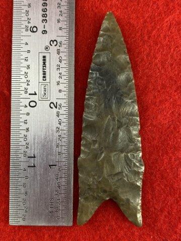 Dalton Indian Artifact Arrowhead: This is 3&1/2 inches long. It is from Missouri. KEY WORDS: NATIVE AMERICAN INDIAN ARTIFACT ARTIFACTS ARROWHEAD ARROWHEADS MISSISSIPPIAN QUAPAW CADDO POTTERY COINS