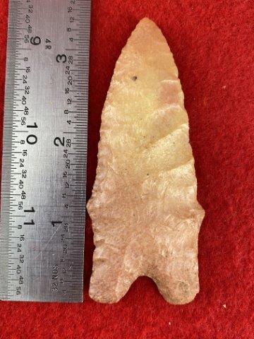 Dalton Indian Artifact Arrowhead: This is 3&1/2 inches long. It is from Missouri. KEY WORDS: NATIVE AMERICAN INDIAN ARTIFACT ARTIFACTS ARROWHEAD ARROWHEADS MISSISSIPPIAN QUAPAW CADDO POTTERY COINS