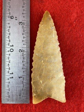 Dalton Indian Artifact Arrowhead: This is 3&3/8 inches long. It is from Missouri. KEY WORDS: NATIVE AMERICAN INDIAN ARTIFACT ARTIFACTS ARROWHEAD ARROWHEADS MISSISSIPPIAN QUAPAW CADDO POTTERY COINS