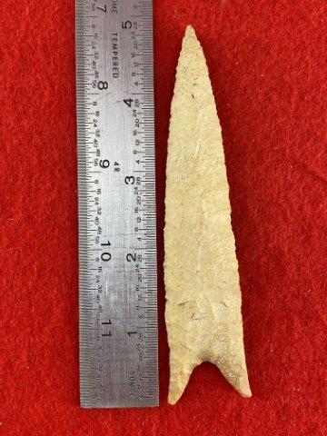 Dalton Indian Artifact Arrowhead: This is 4&7/8 inches long. This piece is from one of 3 large collections out of Illinois. KEY WORDS: NATIVE AMERICAN INDIAN ARTIFACT ARTIFACTS ARROWHEAD ARROWHEADS MISSISSIPPIAN QUAPAW CADDO POTTERY C