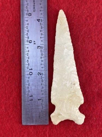 Graham Cave Indian Artifact Arrowhead: This is 4&1/4 inches long. This piece is from one of 3 large collections out of Illinois. KEY WORDS: NATIVE AMERICAN INDIAN ARTIFACT ARTIFACTS ARROWHEAD ARROWHEADS MISSISSIPPIAN QUAPAW CADDO POTTERY C