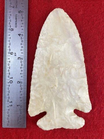 Thebes Indian Artifact Arrowhead: This is 5&1/4 inches long. This piece is from one of 3 large collections out of Illinois. KEY WORDS: NATIVE AMERICAN INDIAN ARTIFACT ARTIFACTS ARROWHEAD ARROWHEADS MISSISSIPPIAN QUAPAW CADDO POTTERY C