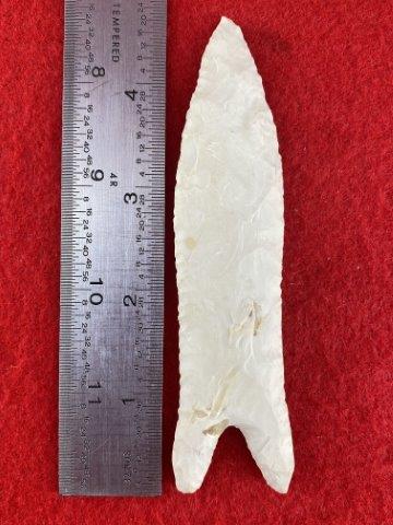Wheeler Indian Artifact Arrowhead: This is 4&3/4 inches long. This piece is from one of 3 large collections out of Illinois. KEY WORDS: NATIVE AMERICAN INDIAN ARTIFACT ARTIFACTS ARROWHEAD ARROWHEADS MISSISSIPPIAN QUAPAW CADDO POTTERY C