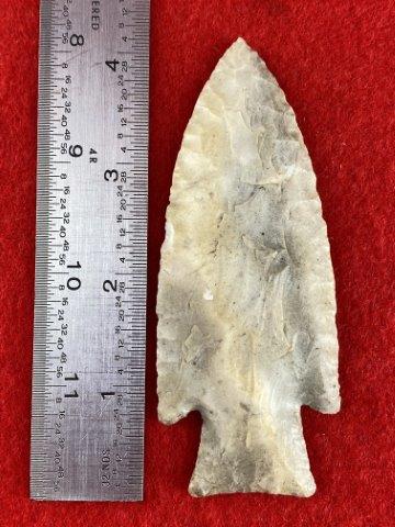 Hardin Indian Artifact Arrowhead: This is 4&1/4 inches long. This piece is from one of 3 large collections out of Illinois. KEY WORDS: NATIVE AMERICAN INDIAN ARTIFACT ARTIFACTS ARROWHEAD ARROWHEADS MISSISSIPPIAN QUAPAW CADDO POTTERY C