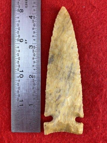 Graham Cave Indian Artifact Arrowhead: This is 4&3/8 inches long. This piece is from one of 3 large collections out of Illinois. KEY WORDS: NATIVE AMERICAN INDIAN ARTIFACT ARTIFACTS ARROWHEAD ARROWHEADS MISSISSIPPIAN QUAPAW CADDO POTTERY C