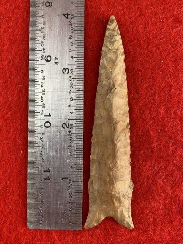 Dalton Indian Artifact Arrowhead: This is 3&7/8 inches long. This piece is from one of 3 large collections out of Illinois. KEY WORDS: NATIVE AMERICAN INDIAN ARTIFACT ARTIFACTS ARROWHEAD ARROWHEADS MISSISSIPPIAN QUAPAW CADDO POTTERY C