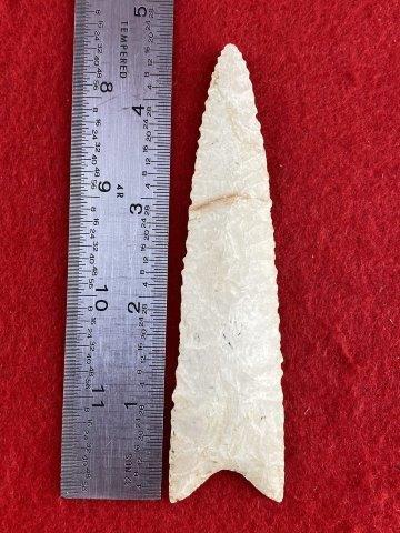Dalton Indian Artifact Arrowhead: This is 4&5/8 inches long. This piece is from one of 3 large collections out of Illinois. KEY WORDS: NATIVE AMERICAN INDIAN ARTIFACT ARTIFACTS ARROWHEAD ARROWHEADS MISSISSIPPIAN QUAPAW CADDO POTTERY C