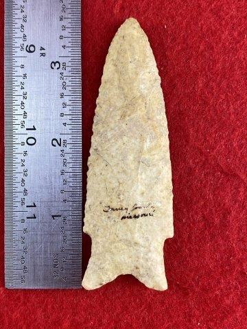 Dalton Indian Artifact Arrowhead: This is 3&1/2 inches long. This piece is from one of 3 large collections out of Illinois. KEY WORDS: NATIVE AMERICAN INDIAN ARTIFACT ARTIFACTS ARROWHEAD ARROWHEADS MISSISSIPPIAN QUAPAW CADDO POTTERY C