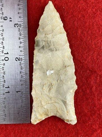 Dalton Indian Artifact Arrowhead: This is 3&5/8 inches long. This piece is from one of 3 large collections out of Illinois. KEY WORDS: NATIVE AMERICAN INDIAN ARTIFACT ARTIFACTS ARROWHEAD ARROWHEADS MISSISSIPPIAN QUAPAW CADDO POTTERY C