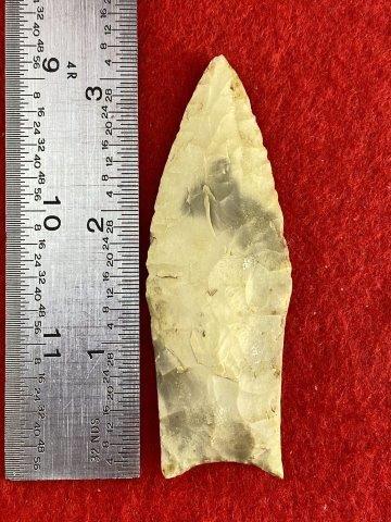 Paleo Point Indian Artifact Arrowhead: This is 3&1/4 inches long. This piece is from one of 3 large collections out of Illinois. KEY WORDS: NATIVE AMERICAN INDIAN ARTIFACT ARTIFACTS ARROWHEAD ARROWHEADS MISSISSIPPIAN QUAPAW CADDO POTTERY C