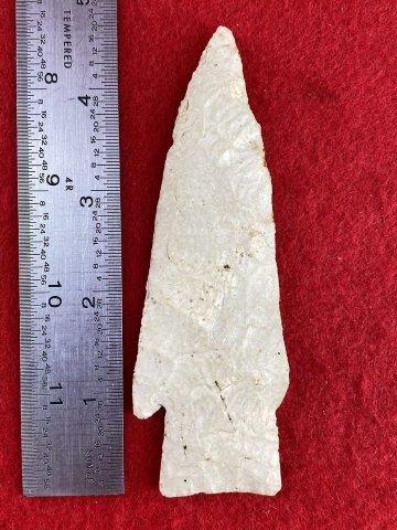 Hardin Indian Artifact Arrowhead: This is 4&3/4 inches long. This piece is from one of 3 large collections out of Illinois. KEY WORDS: NATIVE AMERICAN INDIAN ARTIFACT ARTIFACTS ARROWHEAD ARROWHEADS MISSISSIPPIAN QUAPAW CADDO POTTERY C
