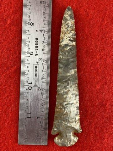 Dovetail Indian Artifact Arrowhead: This is 4&3/4 inches long. This piece is from one of 3 large collections out of Illinois. KEY WORDS: NATIVE AMERICAN INDIAN ARTIFACT ARTIFACTS ARROWHEAD ARROWHEADS MISSISSIPPIAN QUAPAW CADDO POTTERY C