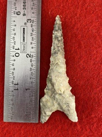 Dalton Indian Artifact Arrowhead: This is 3&1/2 inches long. This piece is from one of 3 large collections out of Illinois. KEY WORDS: NATIVE AMERICAN INDIAN ARTIFACT ARTIFACTS ARROWHEAD ARROWHEADS MISSISSIPPIAN QUAPAW CADDO POTTERY C
